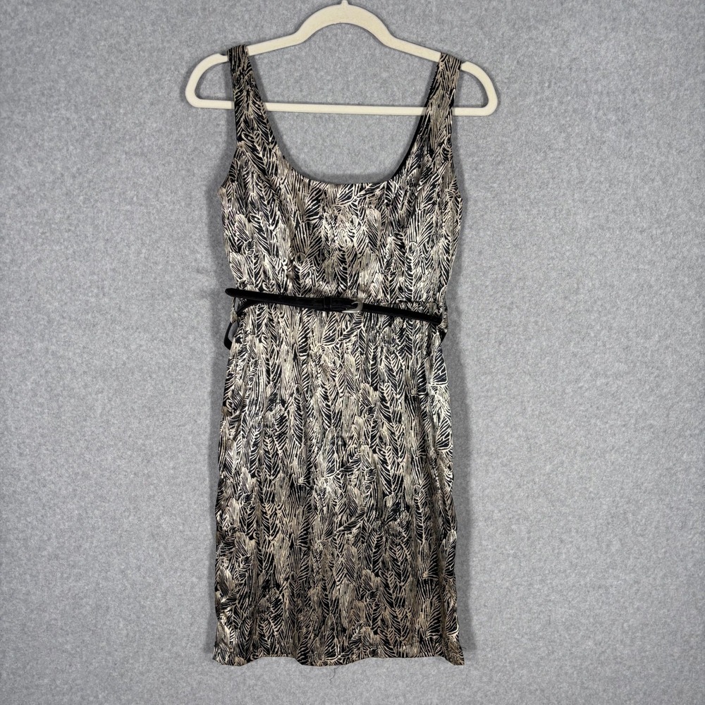 Y2K Vintage XXI Satin Mini Dress Small Black Tan Feather Print Belted Glam Party